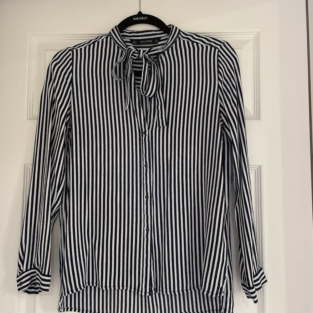 Zara Basic Striped Tie Neck Button Down - image 1